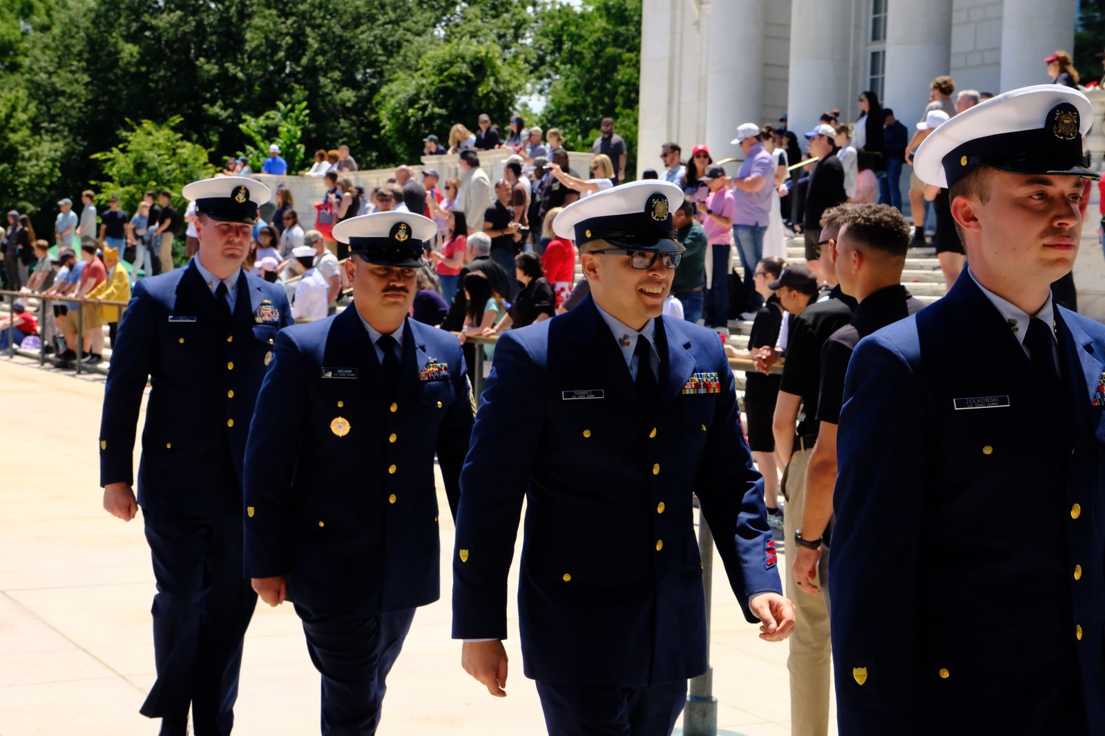 Coast Guard service members in dress blues at Memorial Day ceremony, Arlington Cemetery