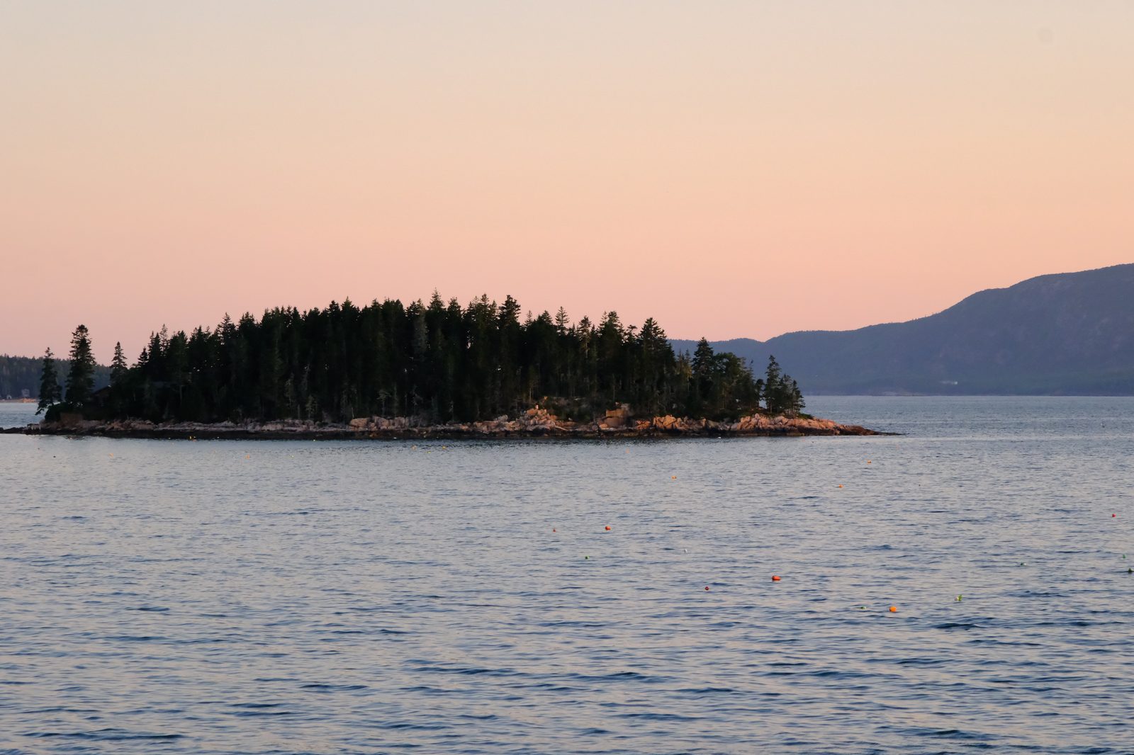 Forested island silhouetted against pink sunset sky in Maine