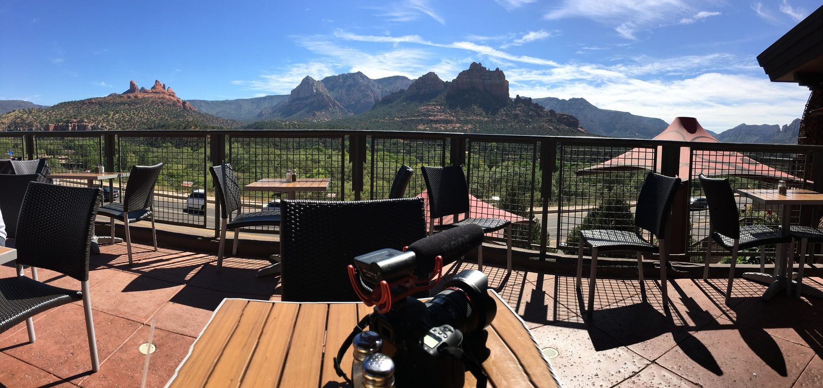 Video production setup overlooking Sedona red rock mountains