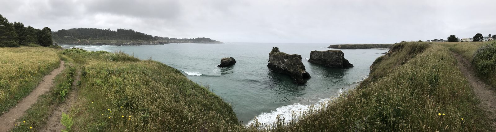 Panoramic view of the Mendocino coastline with sea stacks